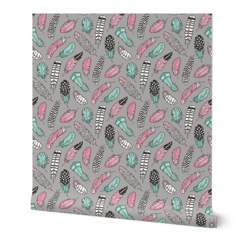 Boho Feathers Pink Mint Green on Grey