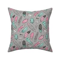 Boho Feathers Pink Mint Green on Grey