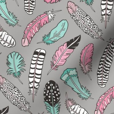 Boho Feathers Pink Mint Green on Grey