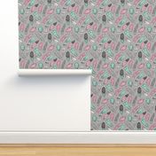Boho Feathers Pink Mint Green on Grey