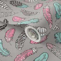 Boho Feathers Pink Mint Green on Grey