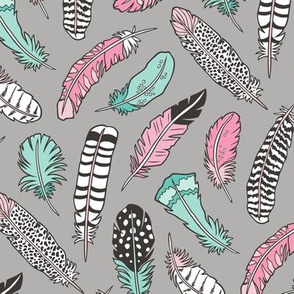 Boho Feathers Pink Mint Green on Grey