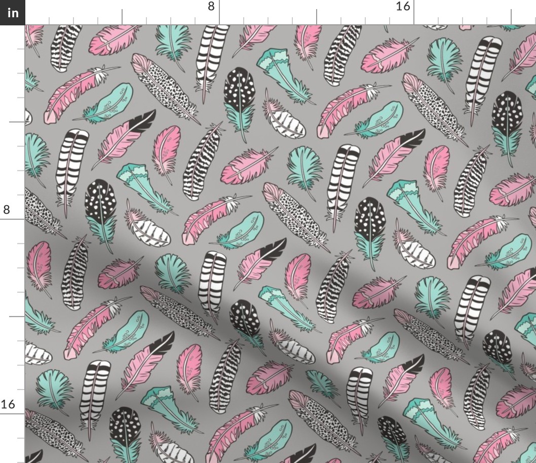 Boho Feathers Pink Mint Green on Grey