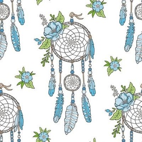 Boho Dream Catcher with Flowers and Feathers Blue on White