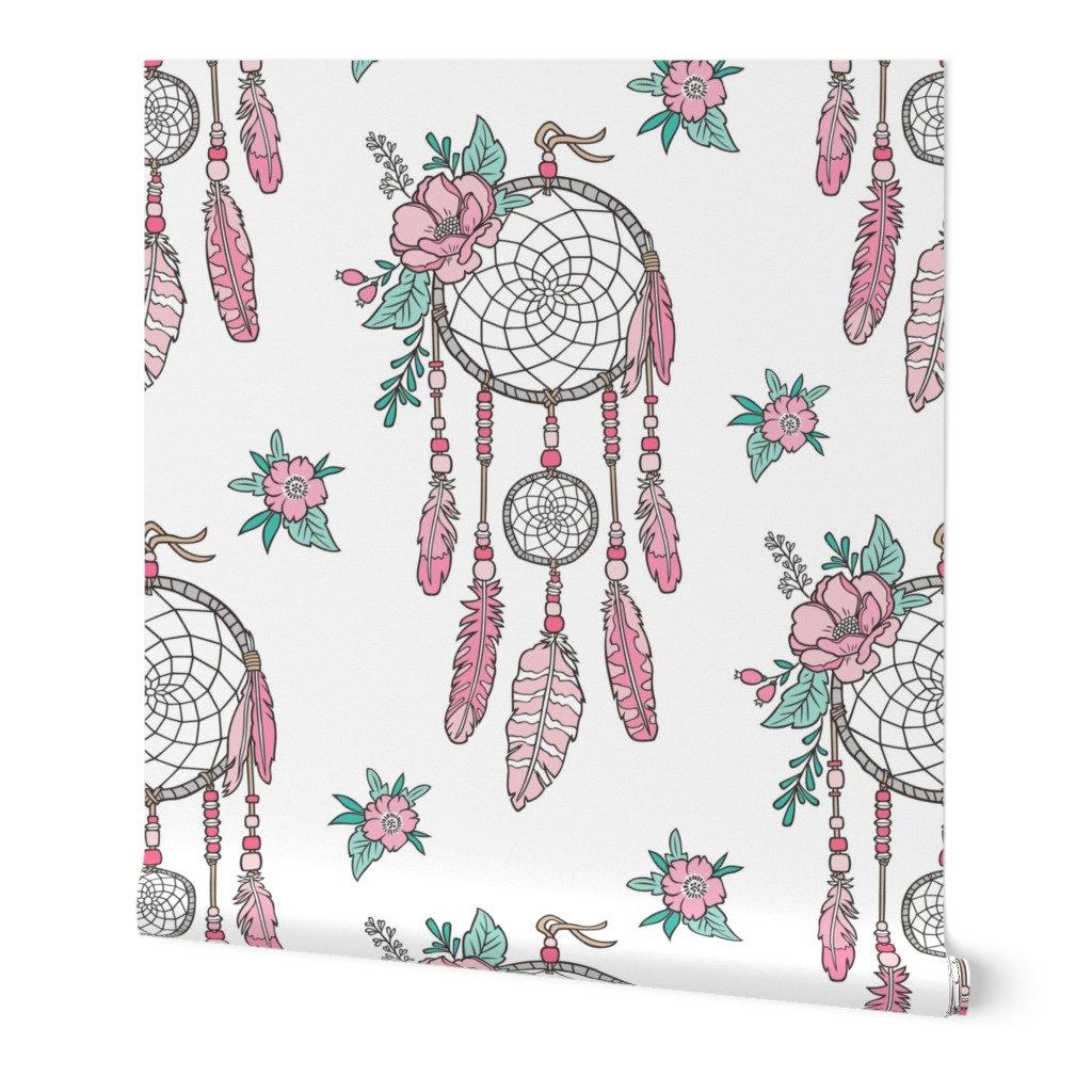 Boho Dream Catcher with Flowers and Feathers Pink on White