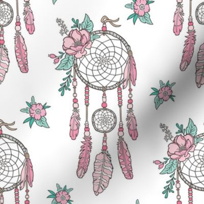 Boho Dream Catcher with Flowers and Feathers Pink on White