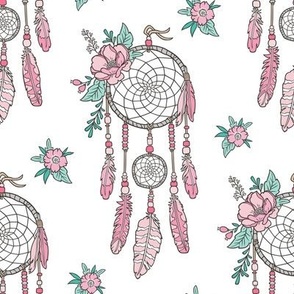 Boho Dream Catcher with Flowers and Feathers Pink on White