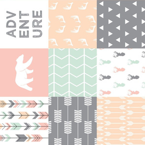 Woodland Patchwork Fabric - Pink,Grey,Mint, Peach (90)