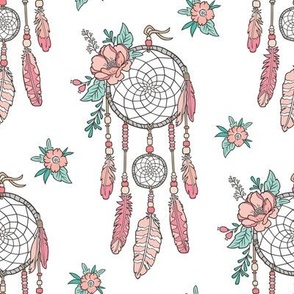 Boho Dream Catcher with Flowers and Feathers Peach on White