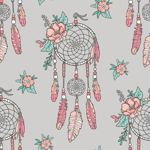 Boho Dream Catcher with Flowers and Feathers Peach on Grey