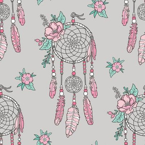 Boho Dream Catcher with Flowers and Feathers Pink on Grey