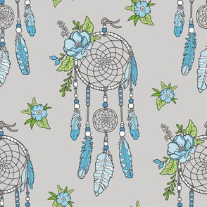 Boho Dream Catcher with Flowers and Feathers Blue on Grey