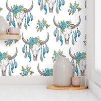 Boho Longhorn Cow Skull with Feathers and Flowers Blue