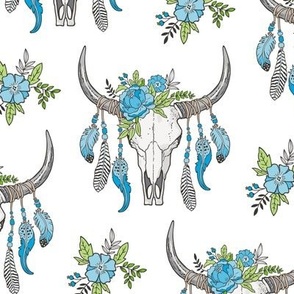 Boho Longhorn Cow Skull with Feathers and Flowers Blue