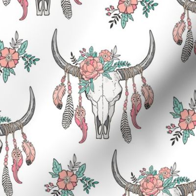 Boho Longhorn Cow Skull with Feathers and Flowers  Peach
