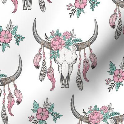 Boho Longhorn Cow Skull with Feathers and Flowers Pink