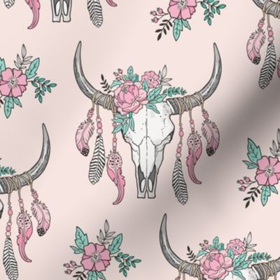 Boho Longhorn Cow Skull with Feathers and Flowers Pink on Pink