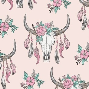 Boho Longhorn Cow Skull with Feathers and Flowers Pink on Pink