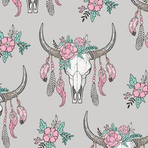 Boho Longhorn Cow Skull with Feathers and Flowers Pink on Grey