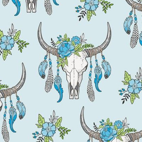 Boho Longhorn Cow Skull with Feathers and Flowers Blue on Blue