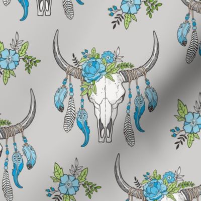 Boho Longhorn Cow Skull with Feathers and Flowers Blue on Grey
