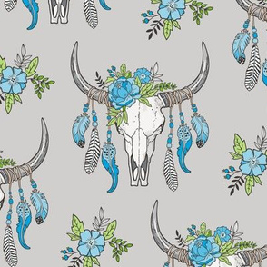 Boho Longhorn Cow Skull with Feathers and Flowers Blue on Grey