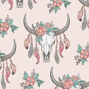 Boho Longhorn Cow Skull with Feathers and Flowers Peach on Peach