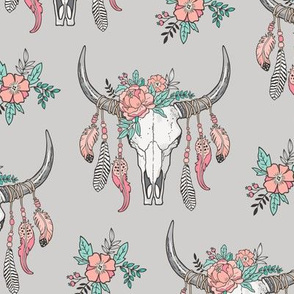 Boho Longhorn Cow Skull with Feathers and Flowers Peach on Grey