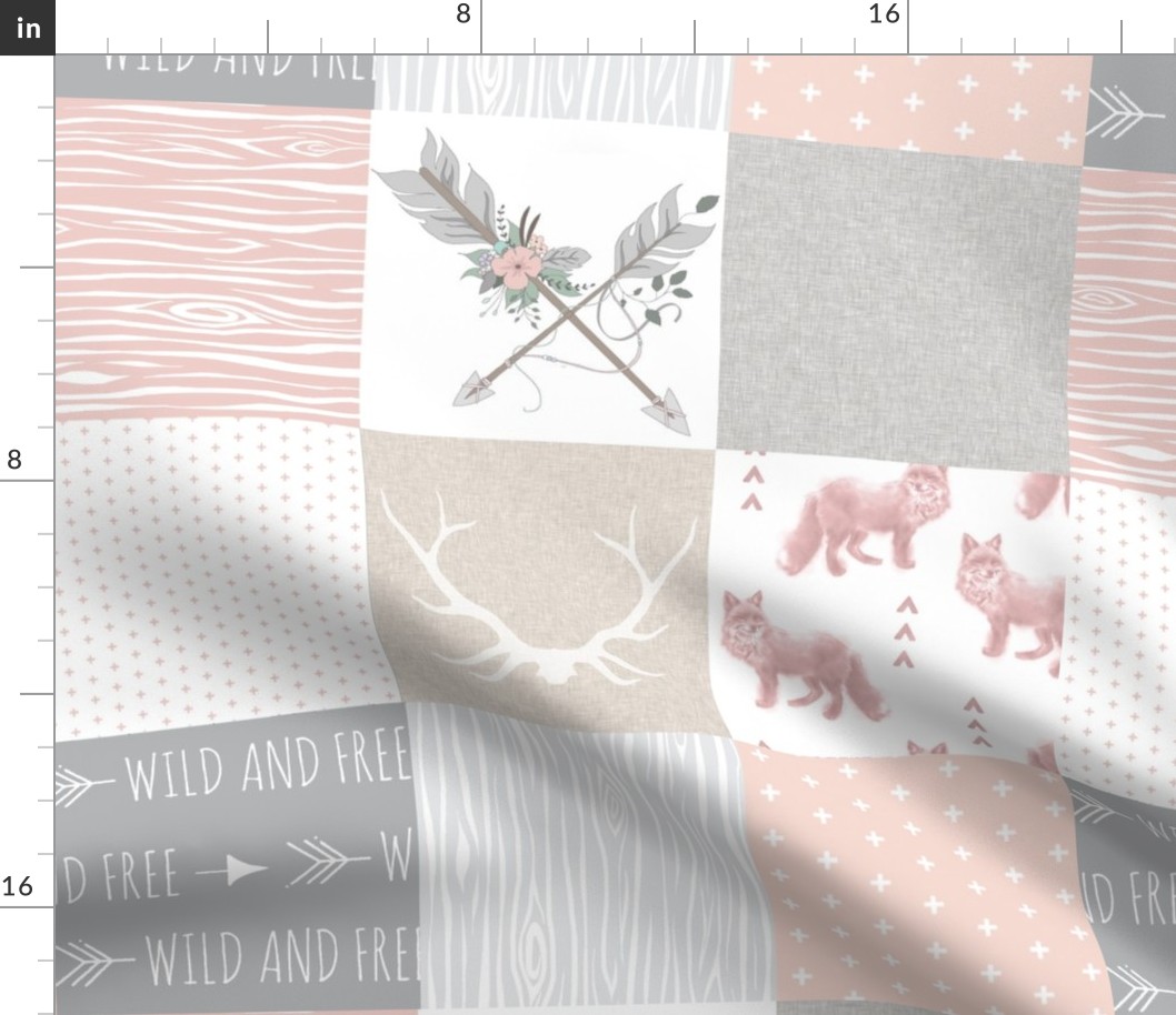 Fox and Arrows Wholecloth Quilt - blush, grey and tan - Boho Arrows with Flowers and Linen