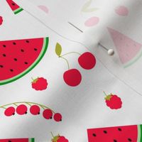 bright red and white pattern with watermelons and berries 