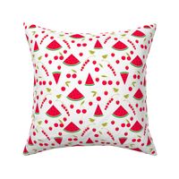 bright red and white pattern with watermelons and berries 