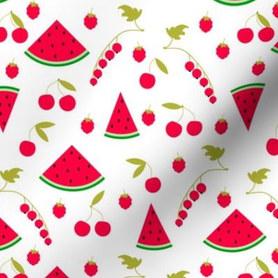 bright red and white pattern with watermelons and berries 