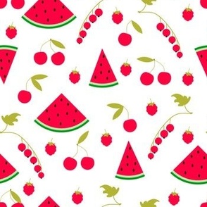 bright red and white pattern with watermelons and berries 