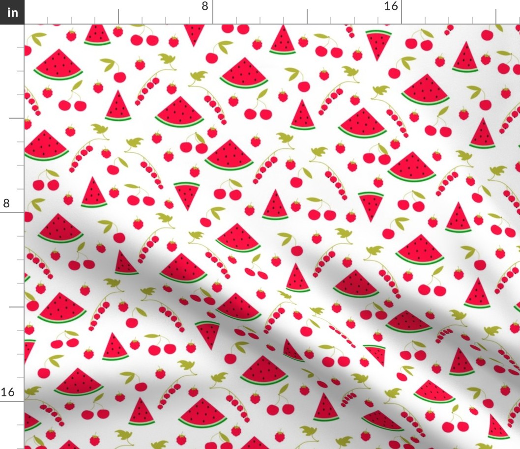 bright red and white pattern with watermelons and berries 