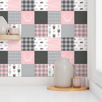 Wholecloth Quilt - Pink and Gray Bears - woodgrain, Linen, arrows
