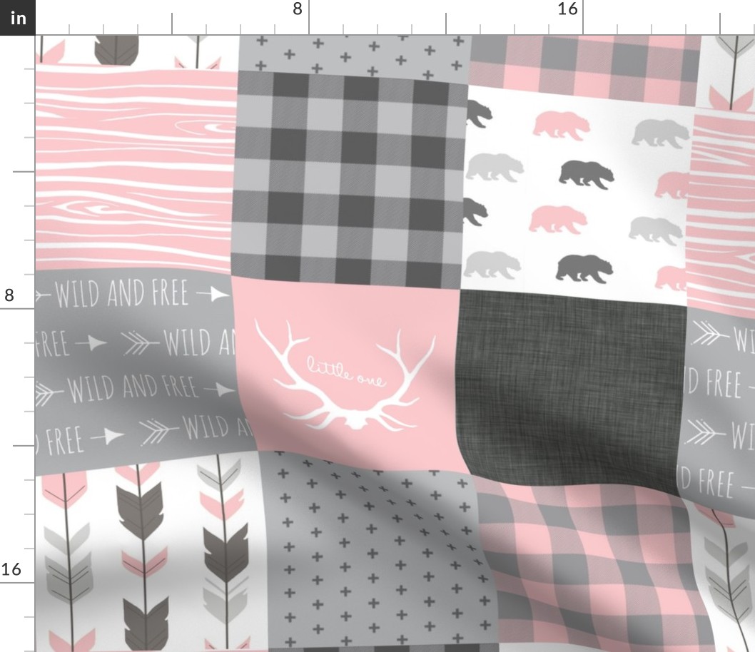 Wholecloth Quilt - Pink and Gray Bears - woodgrain, Linen, arrows