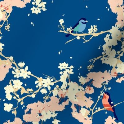 Birds and Blossoms in Navy // Japanese garden inspired // Original illustration and pattern by Zoe Charlotte