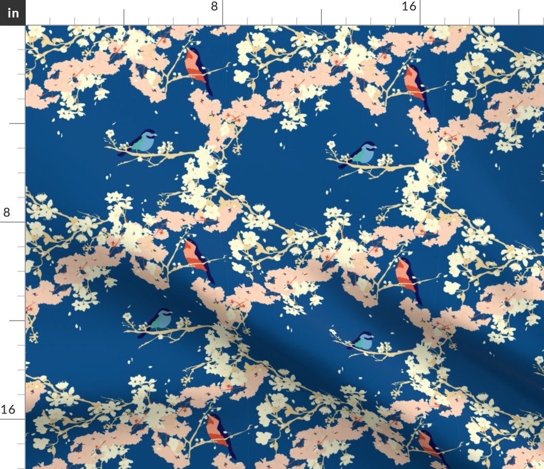 Birds and Blossoms in Navy // Japanese garden inspired // Original illustration and pattern by Zoe Charlotte