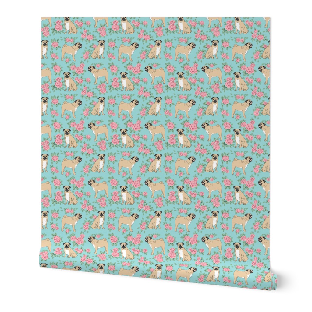 Pug rose florals fabric dog fabric pattern blue