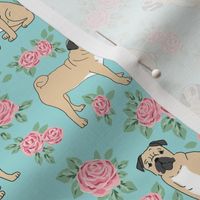 Pug rose florals fabric dog fabric pattern blue