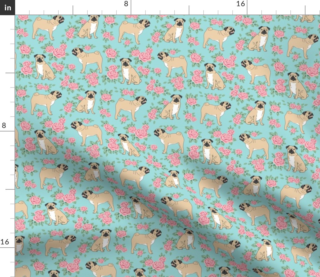 Pug rose florals fabric dog fabric pattern blue