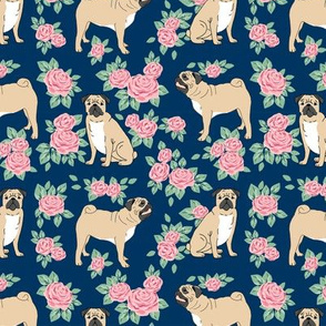 Pug rose florals fabric dog fabric pattern navy