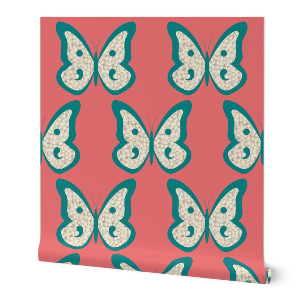 Teal Pearl Butterflies on Salmon Like Pink