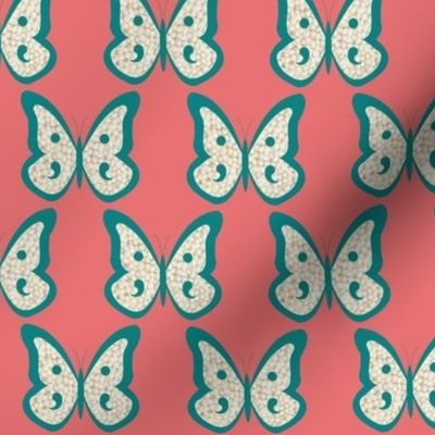 Teal Pearl Butterflies on Salmon Like Pink