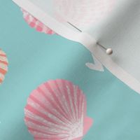 seashells fabric // girls mermaid sea shell design - peach on blue