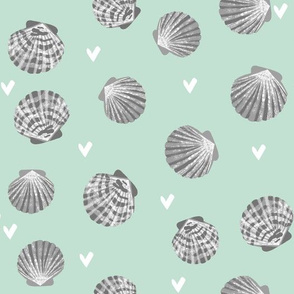 seashells fabric // girls mermaid sea shell design - mint and grey
