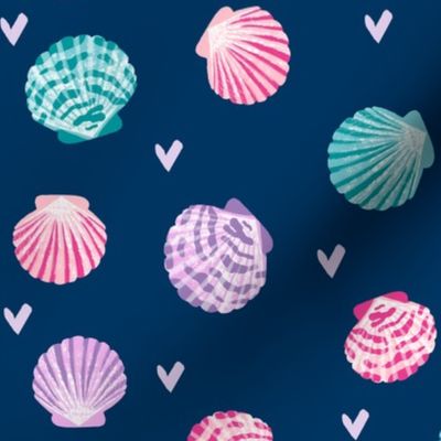 seashells fabric // girls mermaid sea shell design - pink turquoise and purple on navy
