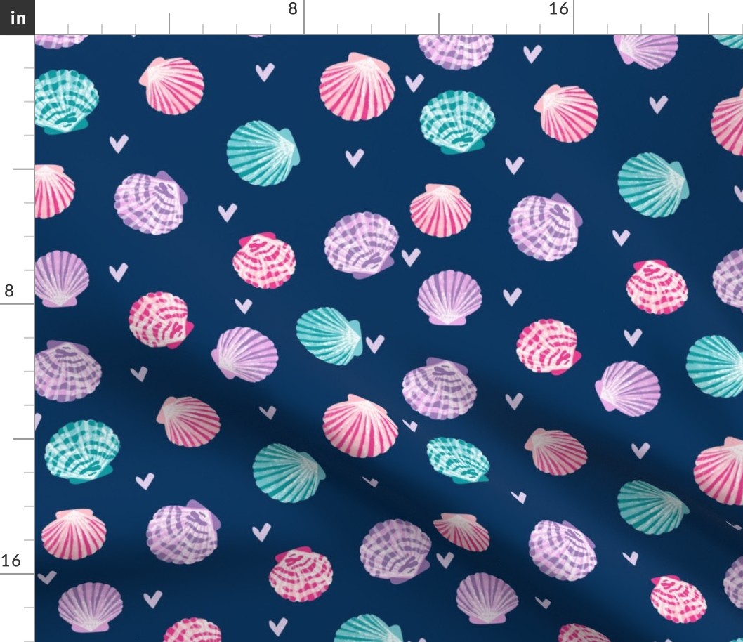 seashells fabric // girls mermaid sea shell design - pink turquoise and purple on navy