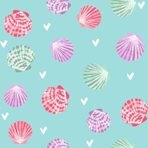 seashells fabric // girls mermaid sea shell design - pink on blue