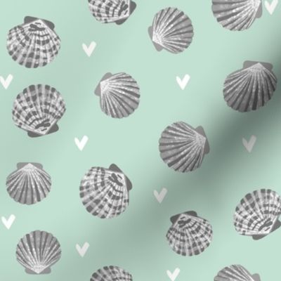 seashells fabric // girls mermaid sea shell design - grey and mint